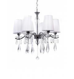 Lampadario a sospensione classico di cristallo e metallo cromato con 6 bracci paralume in tessuto colore Bianco Alessia W6