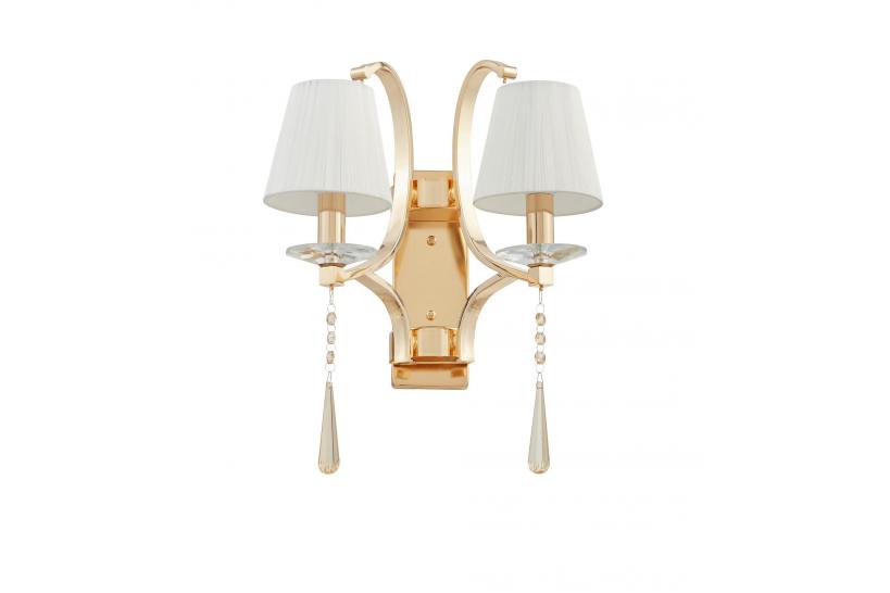 Applique lampada da parete da muro stile classico in metallo, tessuto e cristalli con due punti luce Venisia W2 colore oro