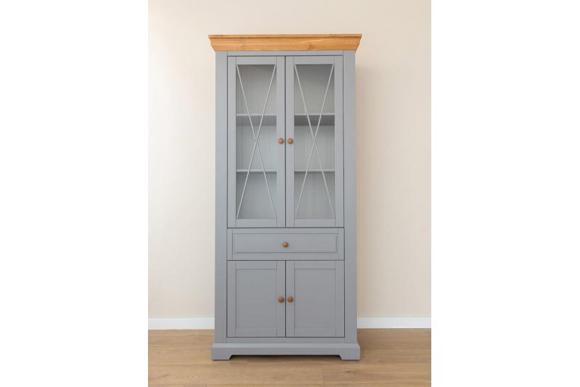 Vetrina pino massello grigio e rovere due ante shabby country