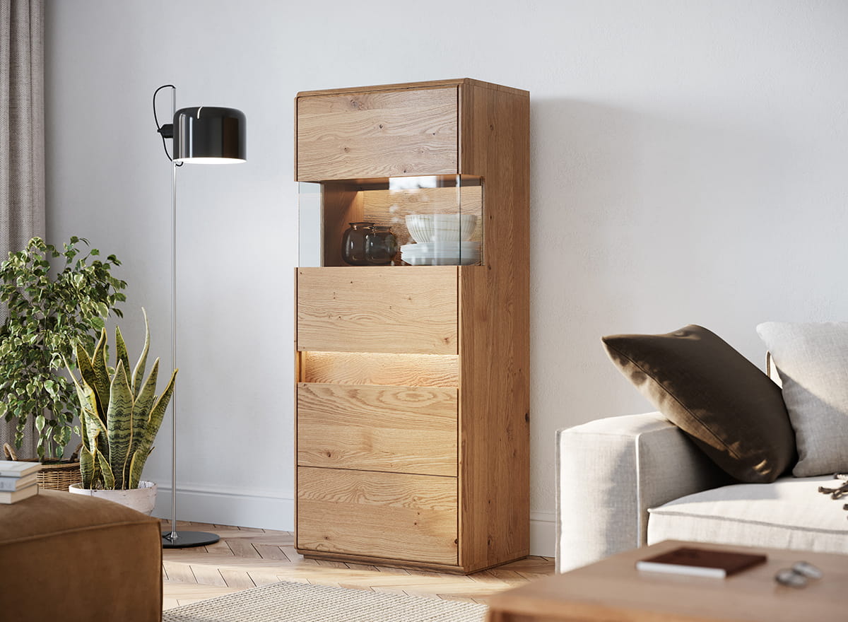 vetrinetta 1 anta destra legno naturale rovere massello moderna cristalliera bassa moderna 1 anta destra in legno naturale rovere massello