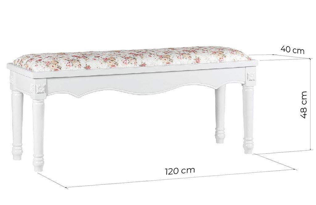 Dimensioni della panca fondo letto PRINCESS panca fondo letto bianca legno stile provenzale con cuscino a fiori PRINCESS
